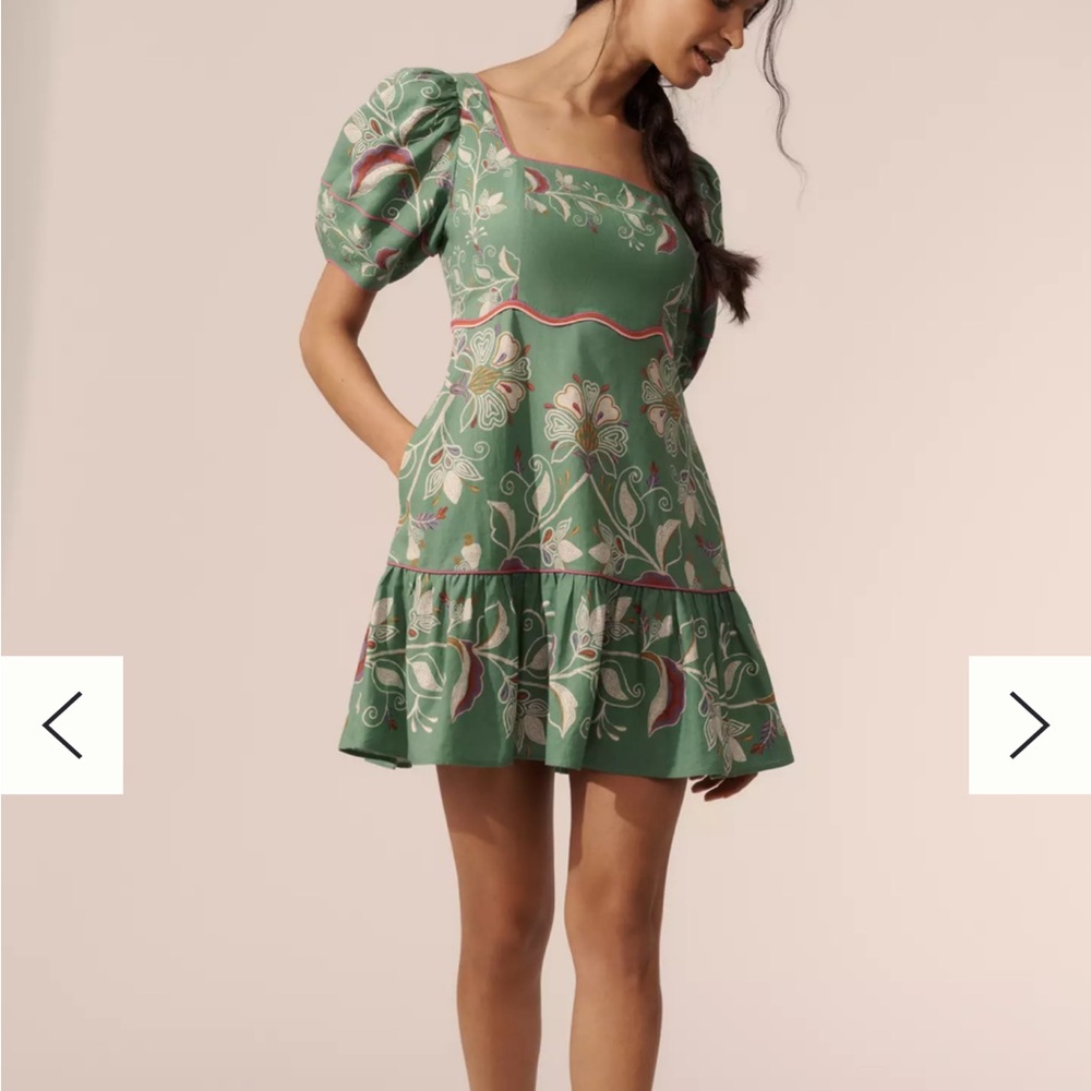 FARM Rio Green Floral Puff-Sleeve Mini Dress